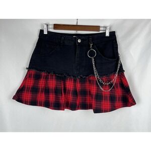 Hot Topic Social Collision Red Plaid Split Chain Skirt Black Denim Medium AltEmo
